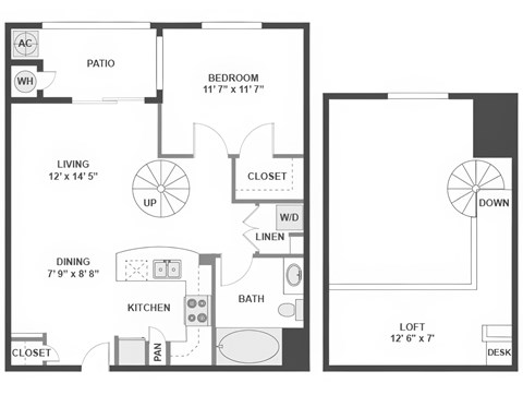 Floor plan for 1 bed, 1 bath, 877 sqft